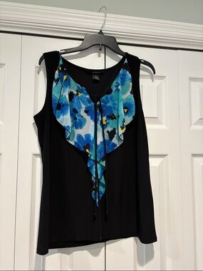 Liz McCoy Black Tank with Blue Floral Ruffle
